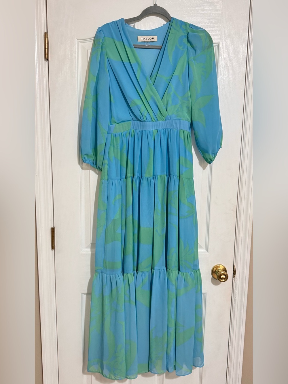 Taylor Blue and Green Tiered Wrap Maxi Dress